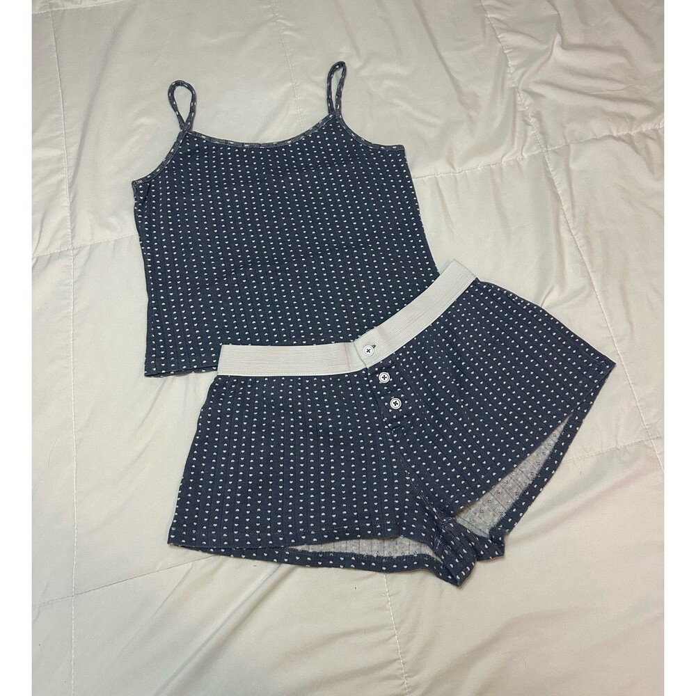 Just Polly New York Women’s M 2pc Set Cami Tank Shorts Blue White Hearts Cotton